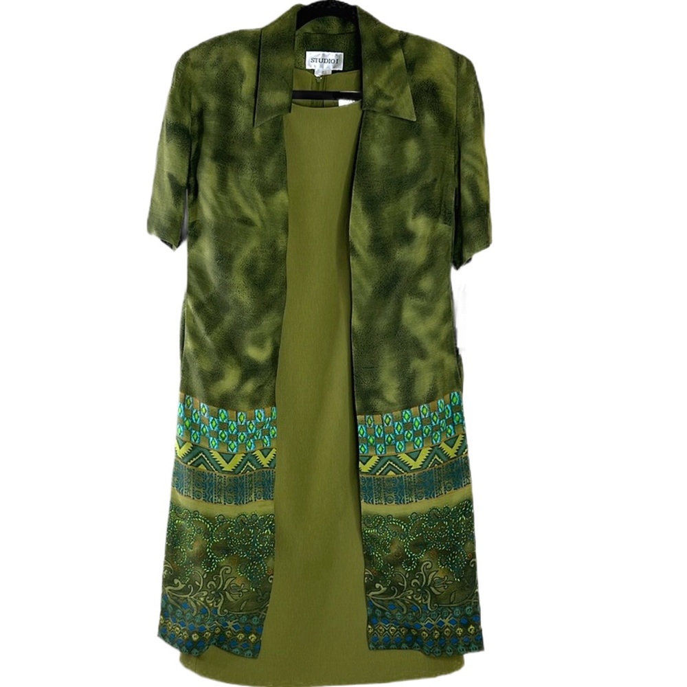 2 Piece Studio One Olive Peacock Sleeveless Dress & Short Sleeve Jacket 8‎